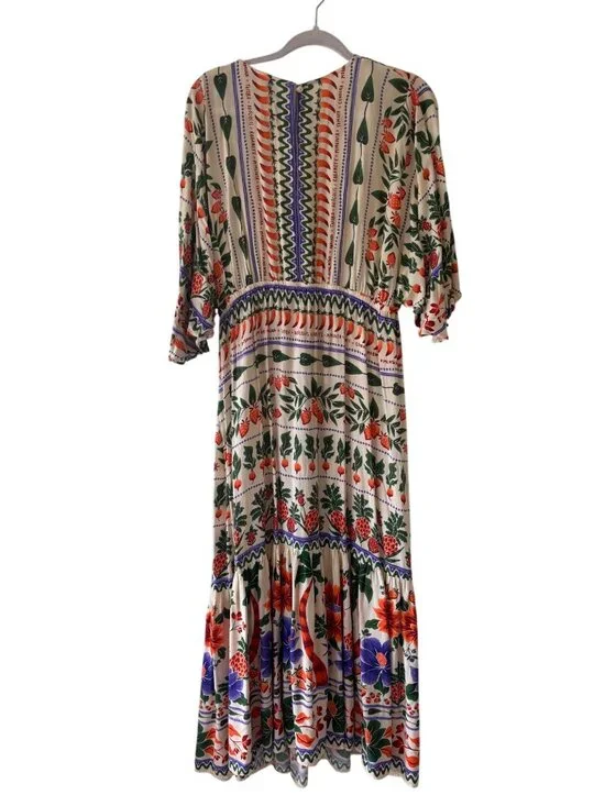 FARM Rio X Anthropologie V-Neck Kaftan Maxi Dress With CutOut Fruit Floral Print - Picture 5 of 12